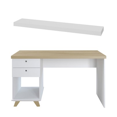 Mesa Escrivaninha com Prateleira Tamburato Céu 2 Gavetas Branco/Olmo - Pnr Móveis