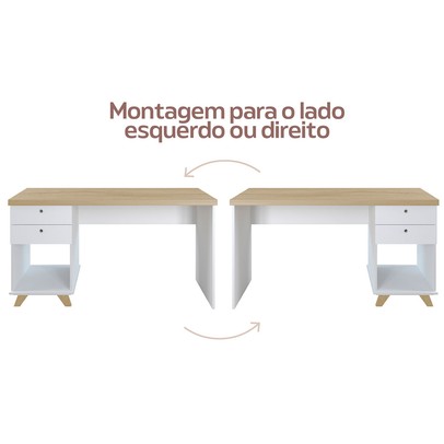 Mesa Escrivaninha com Prateleira Tamburato Céu 2 Gavetas Branco/Olmo - Pnr Móveis
