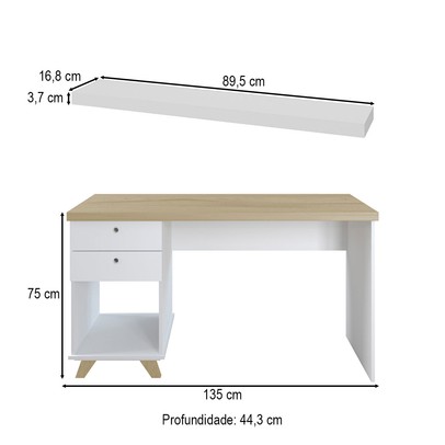 Mesa Escrivaninha com Prateleira Tamburato Céu 2 Gavetas Branco/Olmo - Pnr Móveis