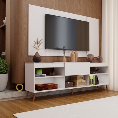 Rack com Painel para TV Até 60 Polegadas Turim 1 Porta 2 Prateleiras Branco - Panorama Móveis
