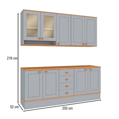 Cozinha Completa Aspen 7 Portas 4 Gavetas com Vidro Cinza/Cinamomo - Fellicci
