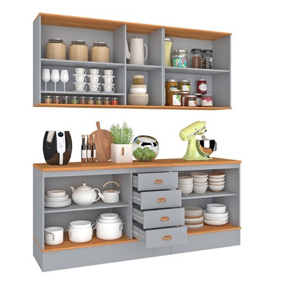 Cozinha Completa Aspen 7 Portas 4 Gavetas com Vidro Cinza/Cinamomo - Fellicci
