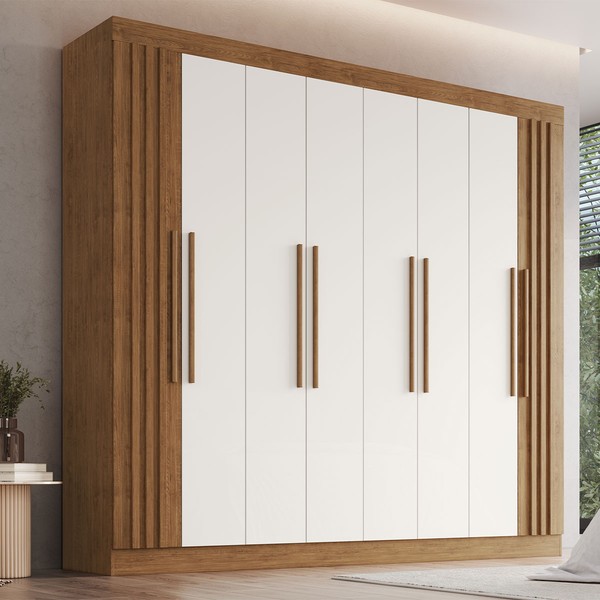 Guarda-Roupa Casal Torino 8 Portas 4 Gavetas 100% Mdf Ripado Off White/Nogueira - Doripel Móveis