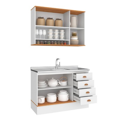Cozinha Compacta Aspen 5 Portas 4 Gavetas com Vidro Ca08st Branco/Cinamomo - Fellicci