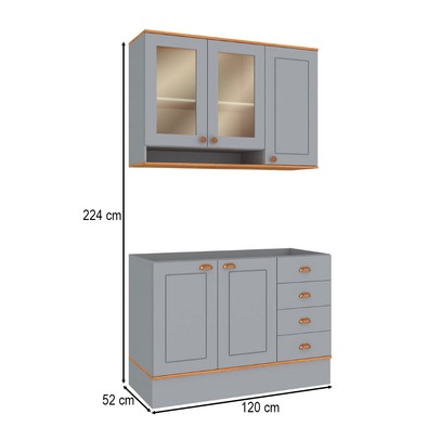 Cozinha Compacta Aspen 5 Portas 4 Gavetas com Vidro Ca08st Cinza/Cinamomo- Fellicci