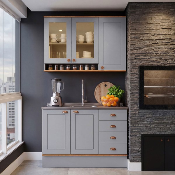Cozinha Compacta Aspen 5 Portas 4 Gavetas com Vidro Ca08st Cinza/Cinamomo- Fellicci