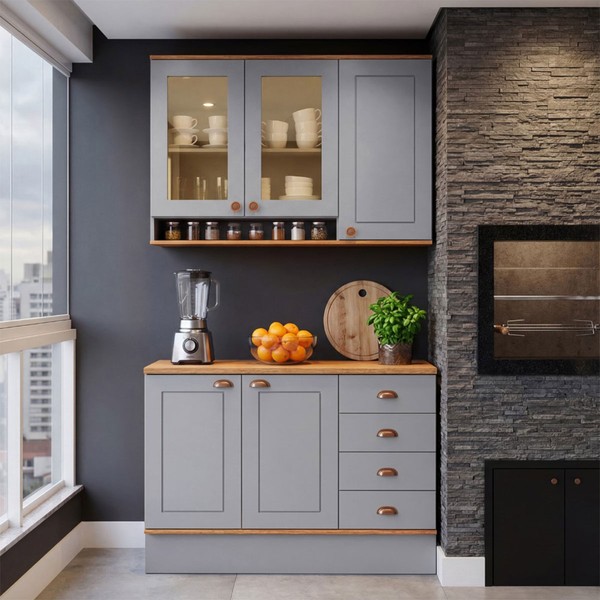 Cozinha Compacta Aspen 5 Portas 4 Gavetas com Vidro Cinza/Cinamomo - Fellicci
