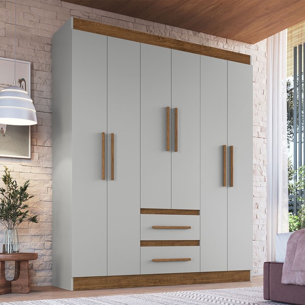 Guarda-Roupa Solteiro Napoli 6 Portas 2 Gavetas 100% Mdf Lunar/Nogueira - Doripel Móveis