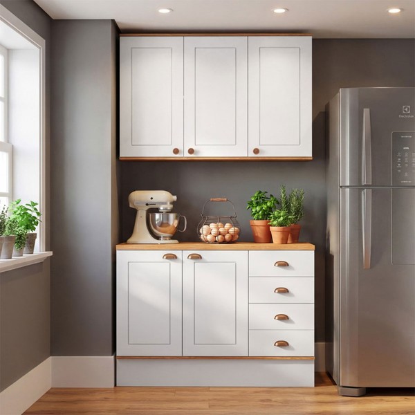 Cozinha Compacta Aspen 5 Portas 4 Gavetas com Tampo Branco/Cinamomo - Fellicci