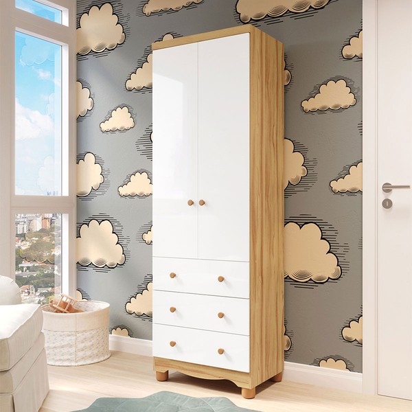 Guarda-Roupa de Bebê Junior 2 Portas 3 Gavetas 100% Mdf Branco Brilho/Amêndoa - Móveis Peroba
