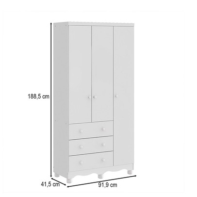Guarda-Roupa de Bebê Júnior New 3 Portas 3 Gavetas 100% Mdf Branco Brilho - Móveis Peroba