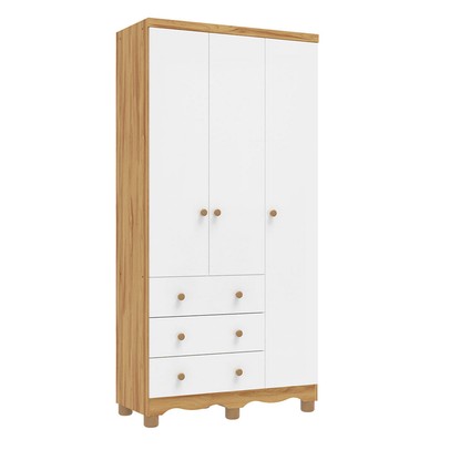 Guarda-Roupa de Bebê Júnior New 3 Portas 3 Gavetas 100% Mdf Branco Brilho/Amêndoa - Móveis Peroba