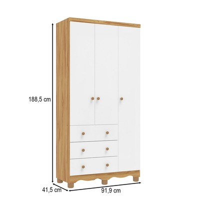 Guarda-Roupa de Bebê Júnior New 3 Portas 3 Gavetas 100% Mdf Branco Brilho/Amêndoa - Móveis Peroba