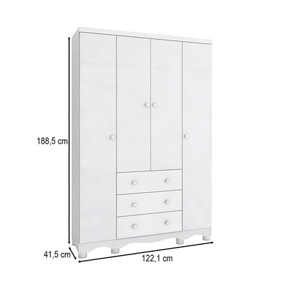 Guarda-Roupa de Bebê Júnior New 4 Portas 3 Gavetas 100% Mdf Branco Brilho - Móveis Peroba
