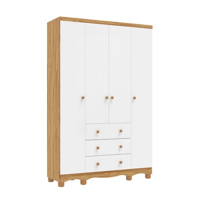 Guarda-Roupa de Bebê Júnior New 4 Portas 3 Gavetas 100% Mdf Branco Brilho/Amêndoa - Móveis Peroba