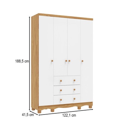 Guarda-Roupa de Bebê Júnior New 4 Portas 3 Gavetas 100% Mdf Branco Brilho/Amêndoa - Móveis Peroba