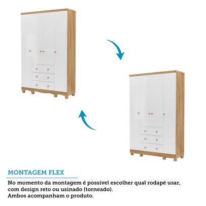 Guarda-Roupa de Bebê Júnior New 4 Portas 3 Gavetas 100% Mdf Branco Brilho/Amêndoa - Móveis Peroba