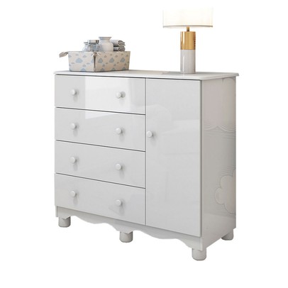 Cômoda Infantil Júnior New 1 Porta 4 Gavetas 100% Mdf Branco Brilho - Móveis Peroba