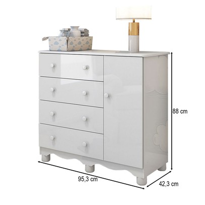 Cômoda Infantil Júnior New 1 Porta 4 Gavetas 100% Mdf Branco Brilho - Móveis Peroba