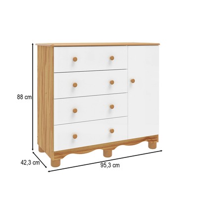 Cômoda Infantil Júnior New 1 Porta 4 Gavetas 100% Mdf Branco Brilho/Amêndoa - Móveis Peroba