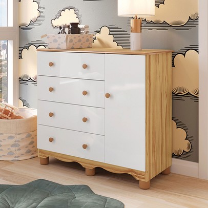 Cômoda Infantil Júnior New 1 Porta 4 Gavetas 100% Mdf Branco Brilho/Amêndoa - Móveis Peroba