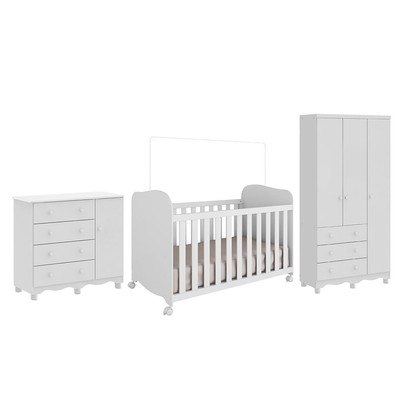 Quarto de Bebê Completo Junior Uli 4 Portas 7 Gavetas 4 Prateleiras 100% Mdf Branco Brilho - Móveis Peroba