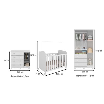 Quarto de Bebê Completo Junior Uli 4 Portas 7 Gavetas 4 Prateleiras 100% Mdf Branco Brilho - Móveis Peroba