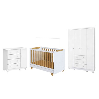 Quarto de Bebê Completo Zuri 5 Portas 7 Gavetas 100% Mdf Branco/Amêndoa Brilho - Móveis Peroba