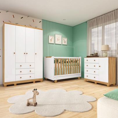 Quarto de Bebê Completo Zuri 5 Portas 7 Gavetas 100% Mdf Branco Brilho/Amêndoa - Móveis Peroba