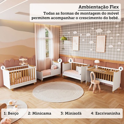 Quarto de Bebê Completo Zuri 5 Portas 7 Gavetas 100% Mdf Branco Brilho/Amêndoa - Móveis Peroba