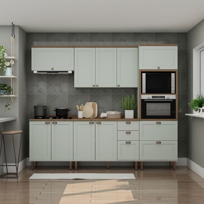 Cozinha Completa Iluminata 10 Portas 4 Gavetas 100% Mdf Mint/ébano - Genialflex