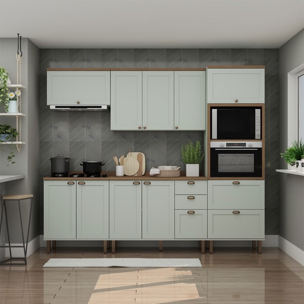Cozinha Completa Iluminata 10 Portas 4 Gavetas 100% Mdf Mint/ébano - Genialflex