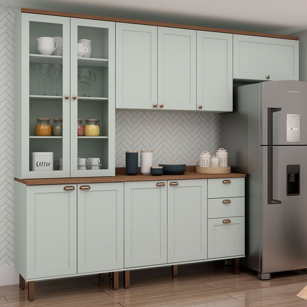 Cozinha Completa Iluminata 10 Portas 3 Gavetas 100% Mdf com Vidro Mint/ébano - Genialflex