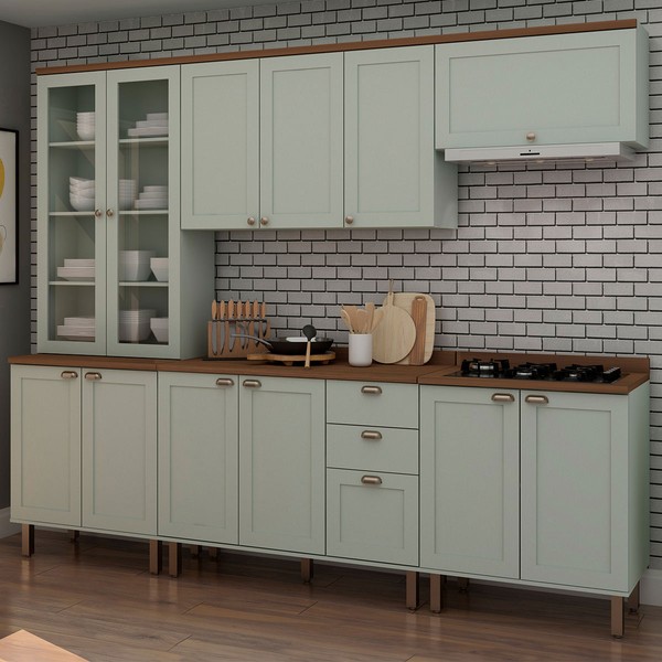 Cozinha Completa Iluminata 12 Portas 3 Gavetas com Vidro 100% Mdf Mint/ébano - Genialflex