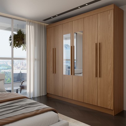 Guarda-Roupa Casal Palermo 6 Portas 2 Gavetas com Espelho Jatoba/Areia - Panorama Móveis