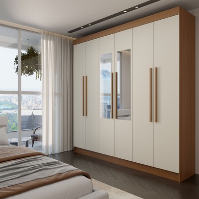 Guarda-Roupa Casal Palermo 6 Portas 2 Gavetas com Espelho Jatoba - Panorama Móveis