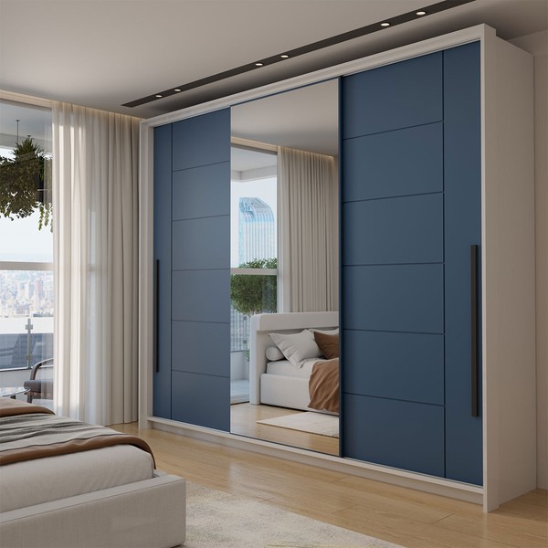 Guarda-Roupa Casal Genebra  3 Portas 4 Gavetas com Espelho Branco/Azul - Panorama Móveis