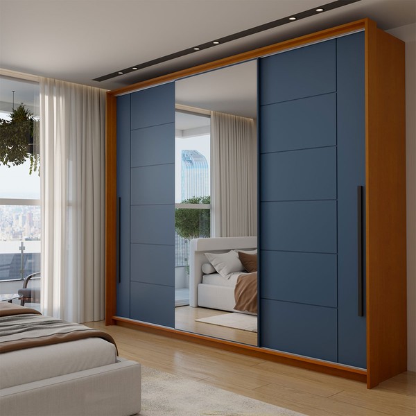 Guarda-Roupa Casal Genebra  3 Portas 4 Gavetas com Espelho Freijó/Azul - Panorama Móveis