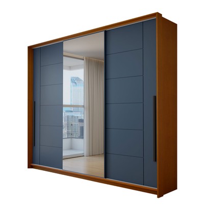 Guarda-Roupa Casal Genebra  3 Portas 4 Gavetas com Espelho Freijó/Azul - Panorama Móveis