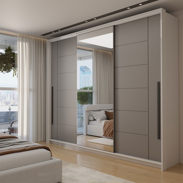 Guarda-Roupa Casal Genebra  3 Portas 4 Gavetas com Espelho Branco/Cinza - Panorama Móveis
