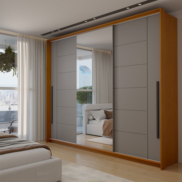 Guarda-Roupa Casal Genebra  3 Portas 4 Gavetas com Espelho Freijó/Cinza - Panorama Móveis
