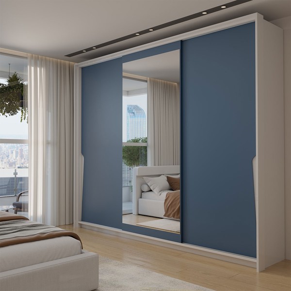 Guarda-Roupa Casal Mônaco 3 Portas 4 Gavetas com Espelho Branco/Azul - Panorama Móveis