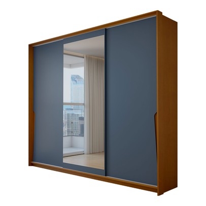 Guarda-Roupa Casal Mônaco 3 Portas 4 Gavetas com Espelho Freijó/Azul - Panorama Móveis