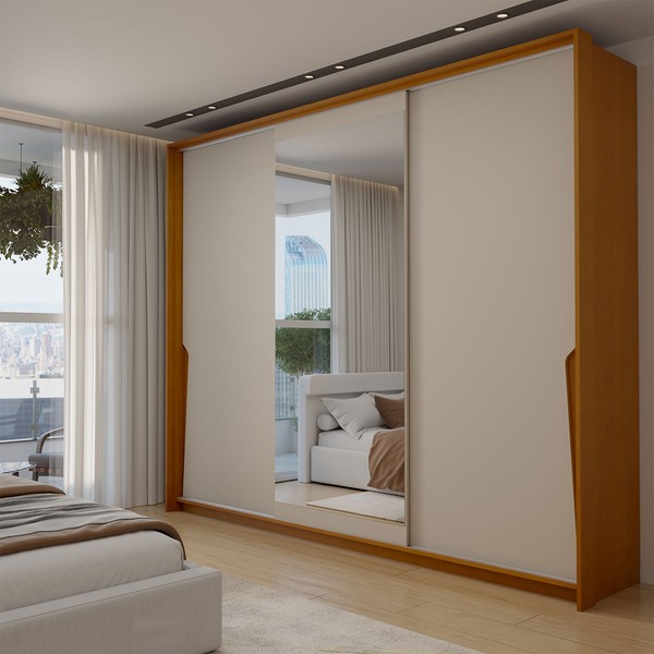 Guarda-Roupa Casal Mônaco 3 Portas 4 Gavetas com Espelho Freijó/Creme - Panorama Móveis