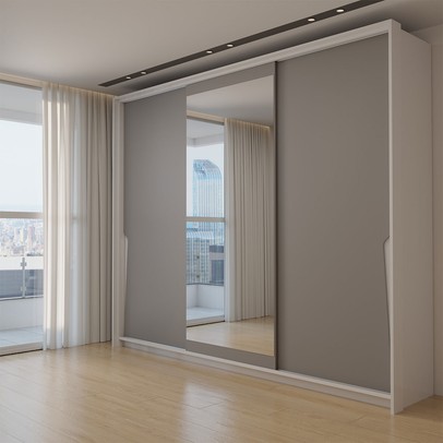 Guarda-Roupa Casal Mônaco 3 Portas 4 Gavetas com Espelho Branco/Cinza - Panorama Móveis