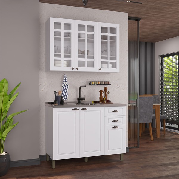 Cozinha Compacta Bariloche 6 Portas 2 Gavetas 3 Prateleiras com Vidro 100% Mdf Branco - Indékes
