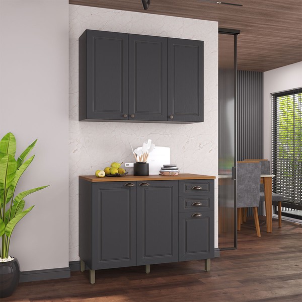 Cozinha Compacta Bariloche 6 Portas 2 Gavetas com Tampo e Pés 100% Mdf Chumbo - Indékes