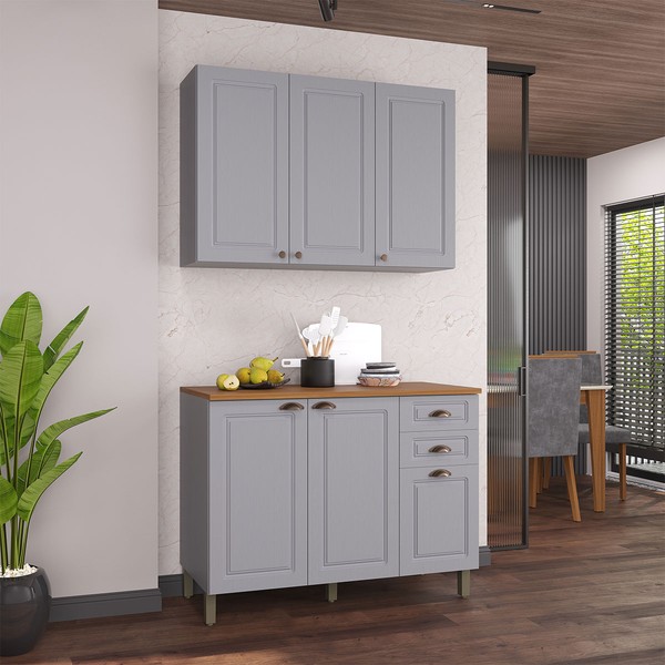 Cozinha Compacta Bariloche 6 Portas 2 Gavetas com Tampo e Pés 100% Mdf Titânio Fosco - Indékes