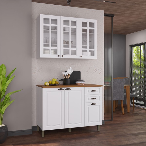 Cozinha Compacta Bariloche 6 Portas 2 Gavetas com Vidro e Pés 100% Mdf Branco - Indékes