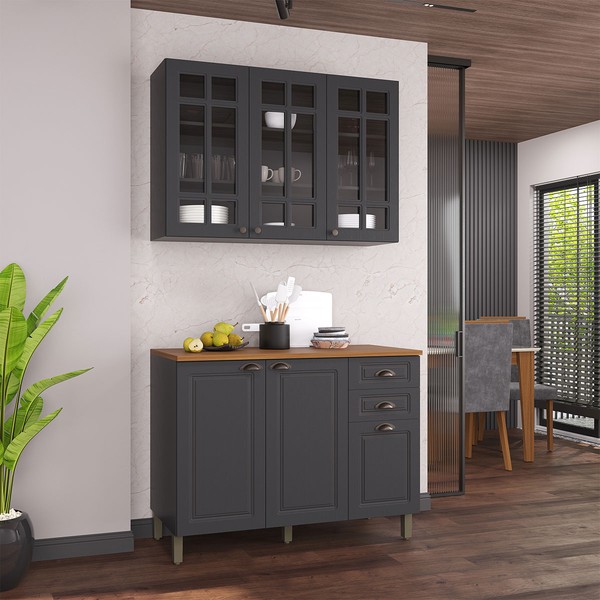 Cozinha Compacta Bariloche 6 Portas 2 Gavetas com Vidro e Pés 100% Mdf Chumbo - Indékes